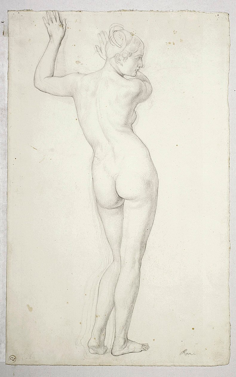 Weiblicher Akt in stehender Pose, von hinten gezeigt; verso, Umriss eines weiblichen Akts von Julius Schnorr von Carolsfeld