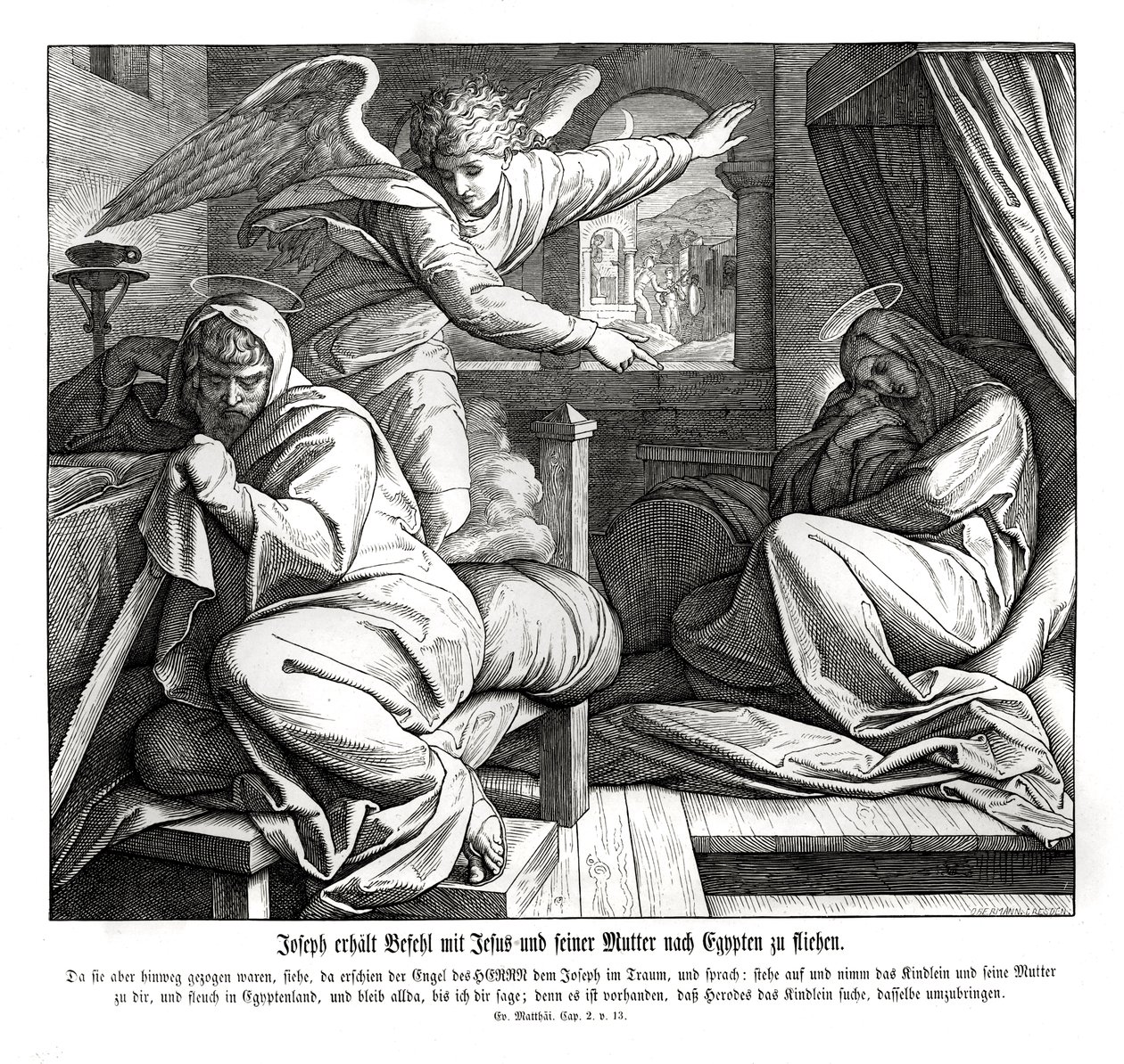 Joseph wird gewarnt, nach Ägypten zu fliehen, Evangelium nach Matthäus von Julius Schnorr von Carolsfeld