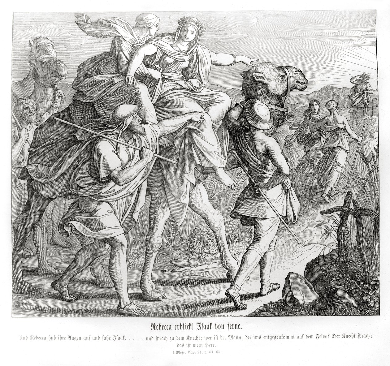 Rebekka sieht Isaak von weitem, Genesis von Julius Schnorr von Carolsfeld