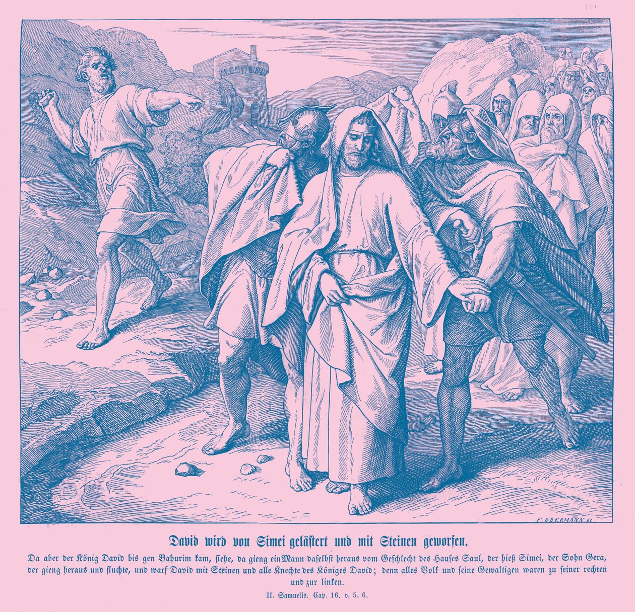 Schimi verflucht und wirft Steine auf David, 2. Samuel von Julius Schnorr von Carolsfeld