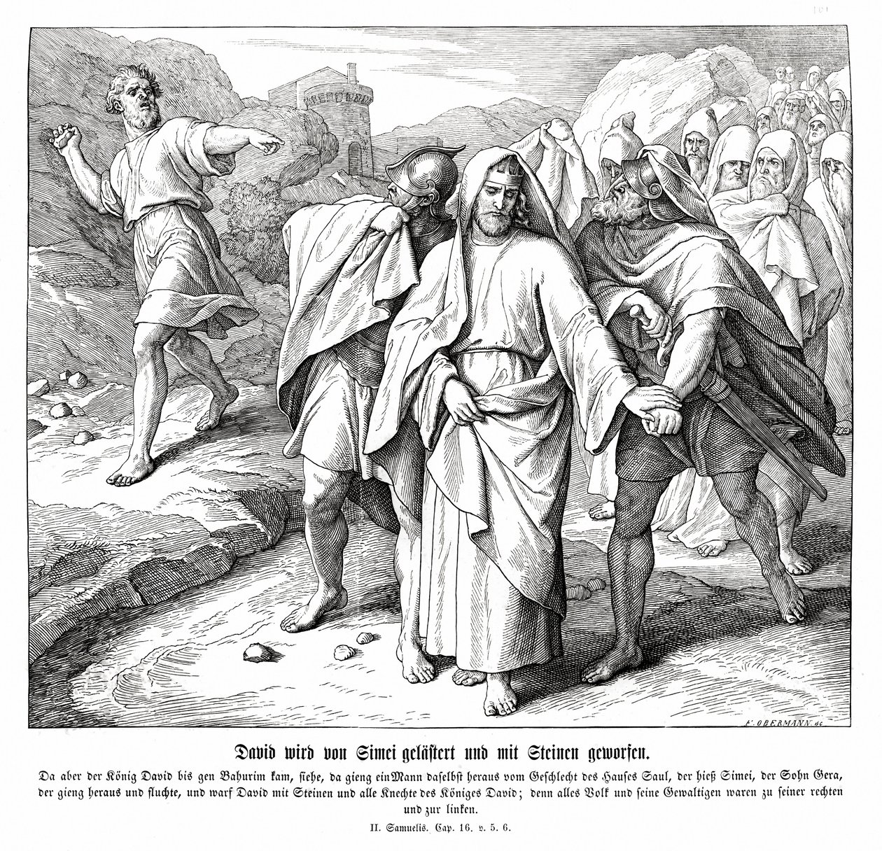Schimi verflucht und wirft Steine auf David, 2. Samuel von Julius Schnorr von Carolsfeld