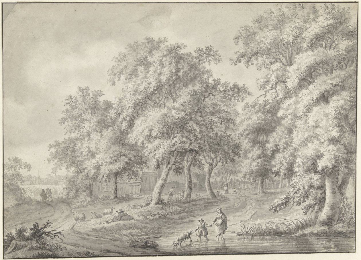 Landschaft mit Mutter und Kind mit Hund, der durch einen Teich watet von Jurriaan Andriessen (possibly)