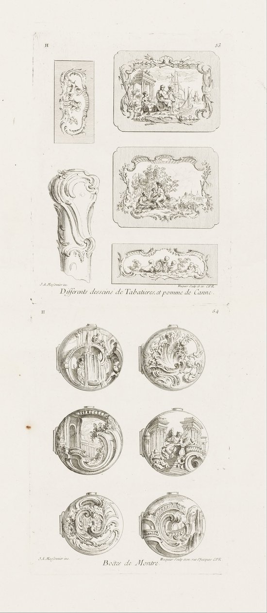 Verschiedene Entwürfe für Schnupftabakdosen und einen Stockgriff, 5. Tafel, Tafel 53 in Oeuvre de Juste-Aurèle Meissonnier von Juste-Aurèle Meissonnier