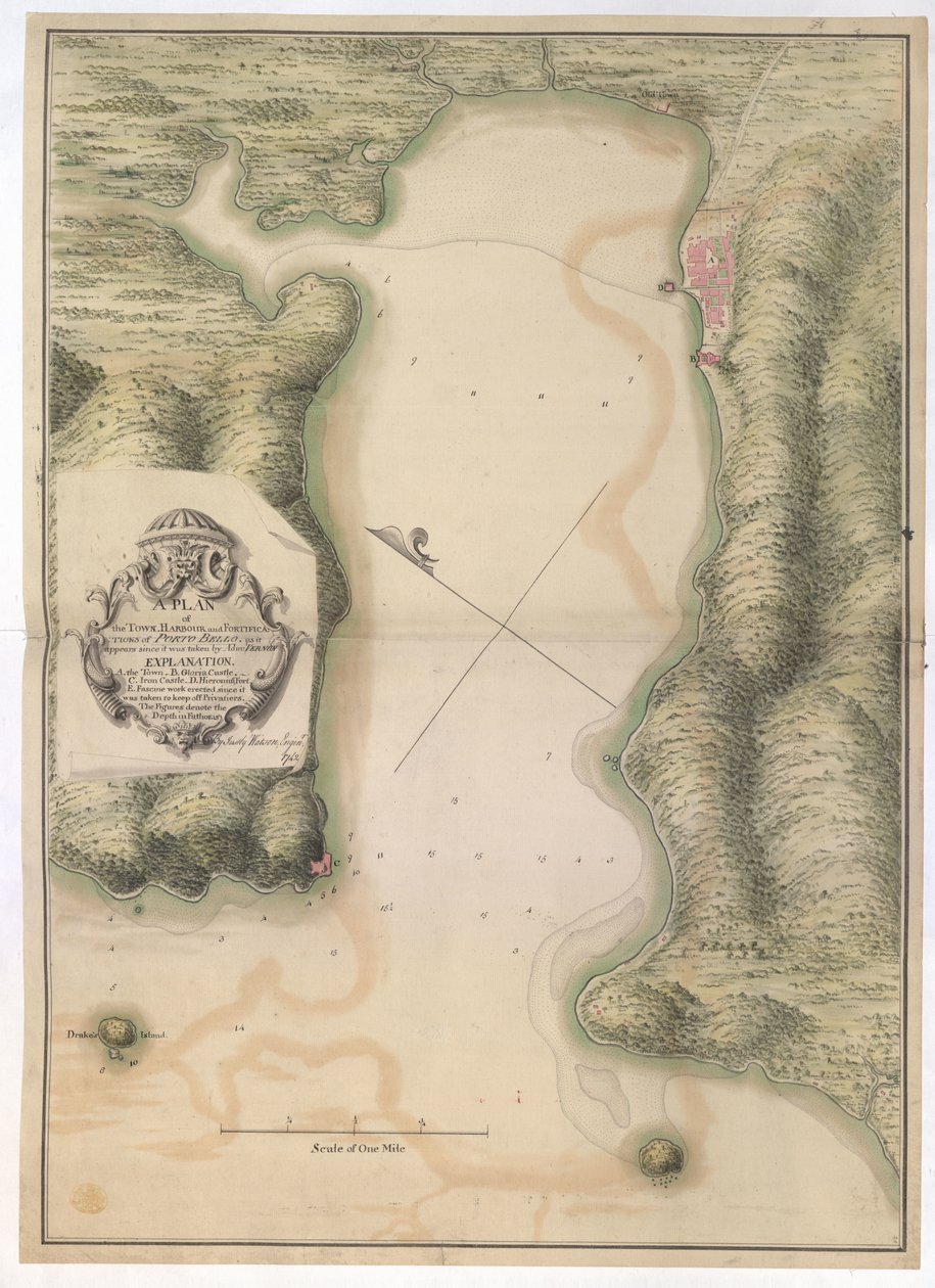 Plan der Stadt, des Hafens und der Befestigungen von Porto Bello, wie sie seit der Einnahme durch Adm: Vernon erscheint / Von Justly Watson; Ingenieur: 1742 von Justly Watson