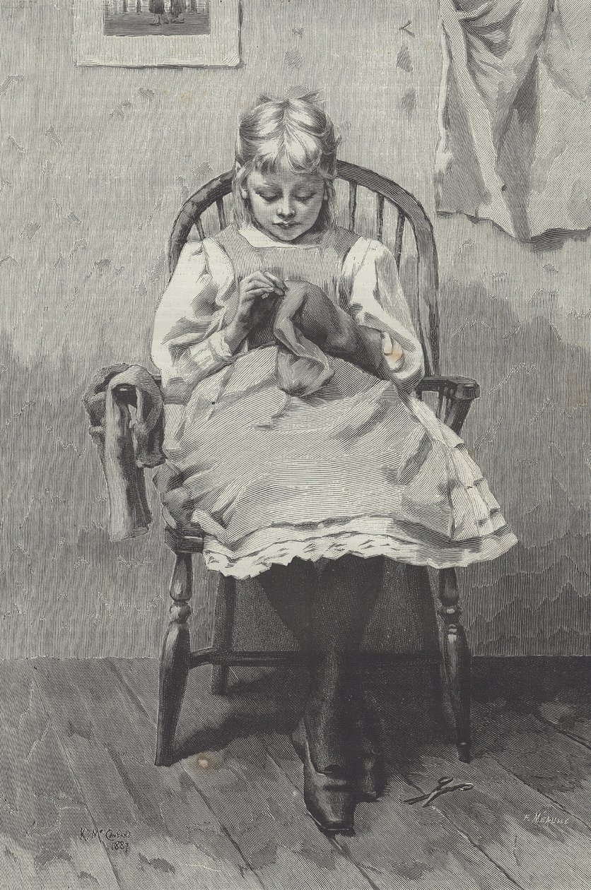 Teenage Näherin, Gravur von Fortuné Méaulle (1844-1901) von K. McCausland