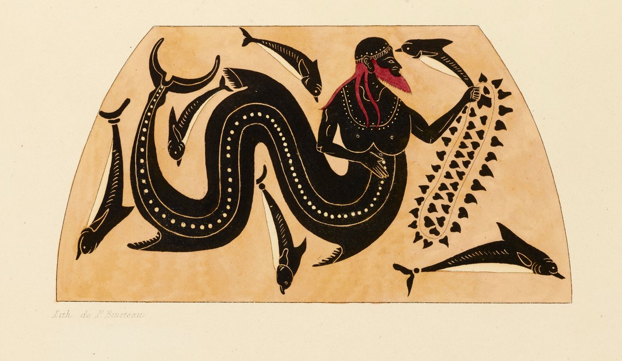 Druck der Dekoration auf einer griechischen Amphore, zeigt Poseidon begleitet von Delfinen, ca. 1858 von Kaeppelin et Compagnie