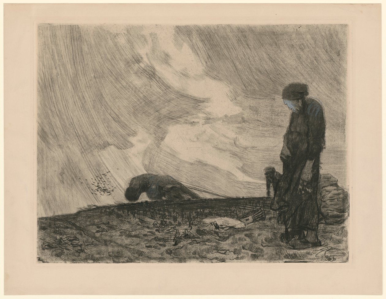 Pflüger mit stehender Frau im Vordergrund (Verworfene 3. Fassung zu Blatt 1 aus „Bauernkrieg“, 6. Zustand) von Käthe Kollwitz