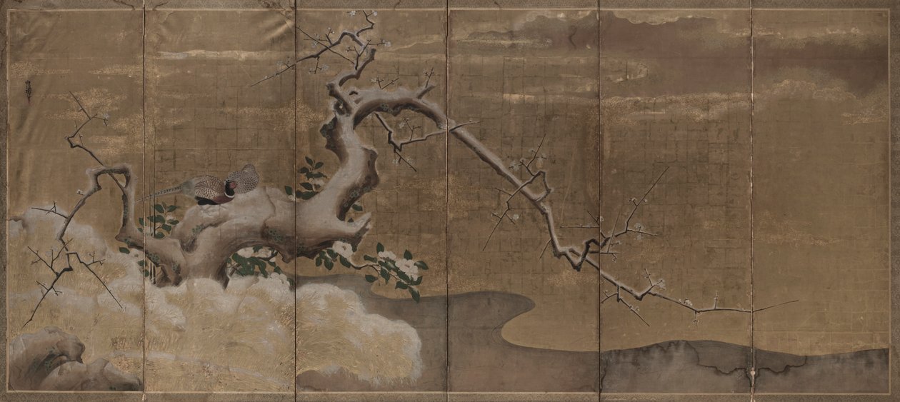 Winterszene mit Pflaumenbäumen und Fasanen (Vögel rechts) von Kano Naonobu