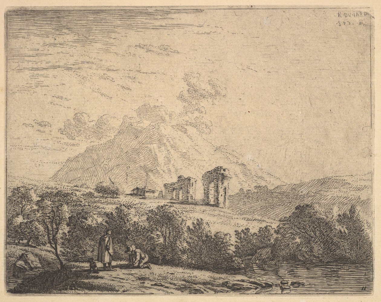 Ansicht eines Hügels mit Ruinen, einem Aquädukt und einem Berggipfel im Hintergrund, im Vordergrund ein m..., 1658 von Karel Du Jardin