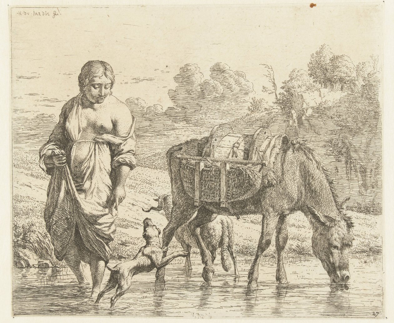 Frau und Esel stehen im seichten Wasser, ein Hund springt vor ihren Füßen auf von Karel Du Jardin