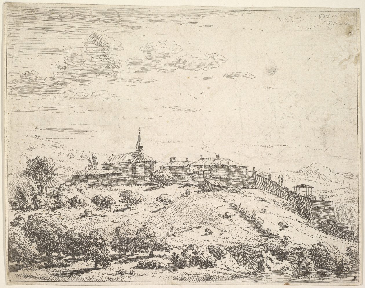 Umfriedetes Dorf auf einem Hügel, mit Kirche links und Gebäuden am Abhang gebaut, 1658 von Karel Du Jardin