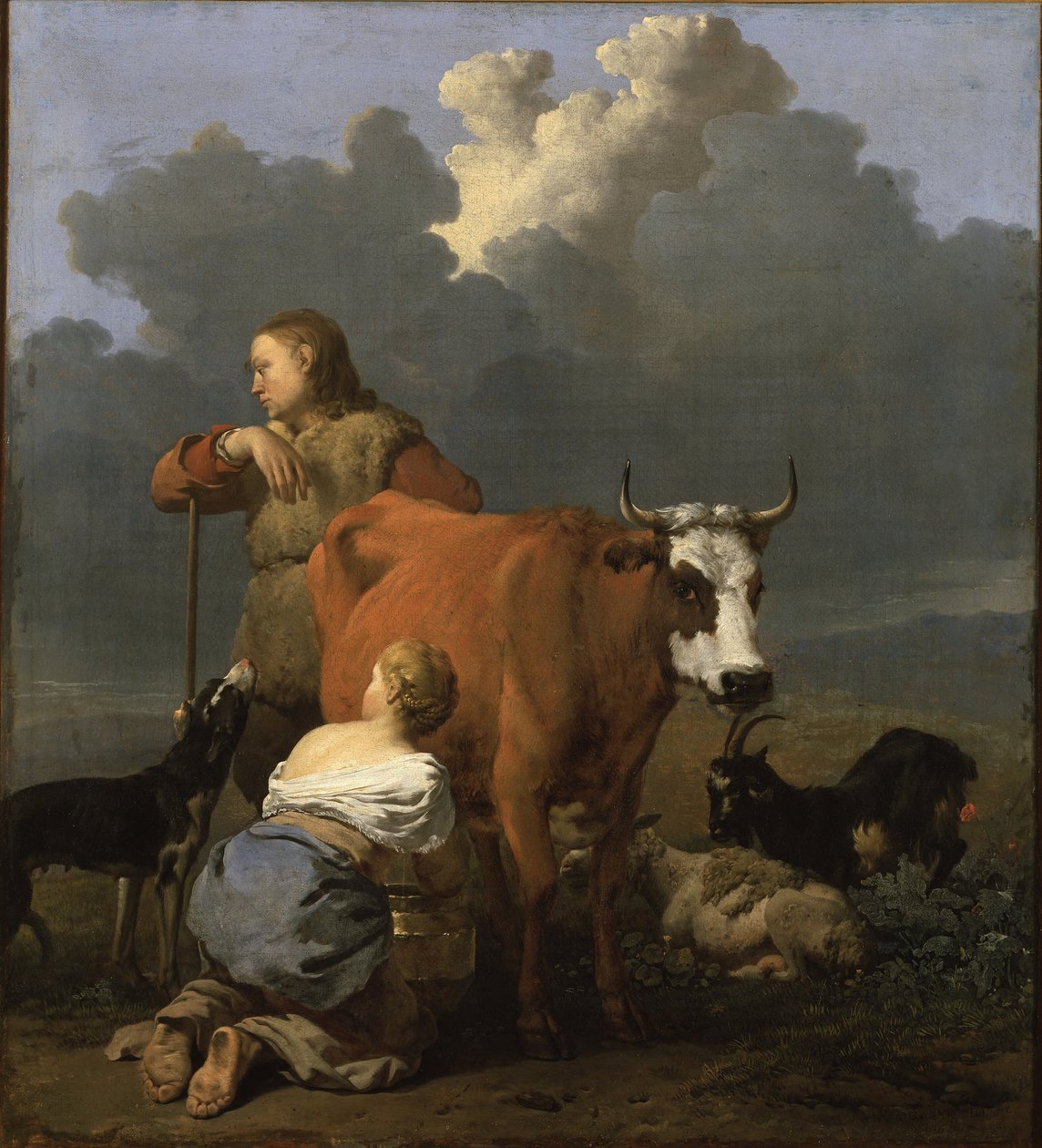 Bäuerin melkt eine Kuh von Karel Dujardin