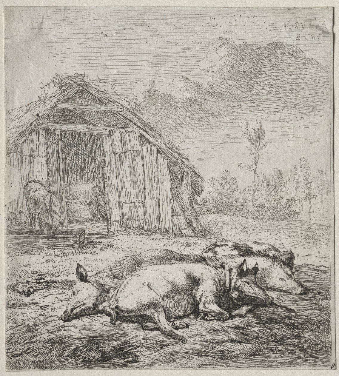 Drei Schweine vor einem Stall liegend von Karel Dujardin
