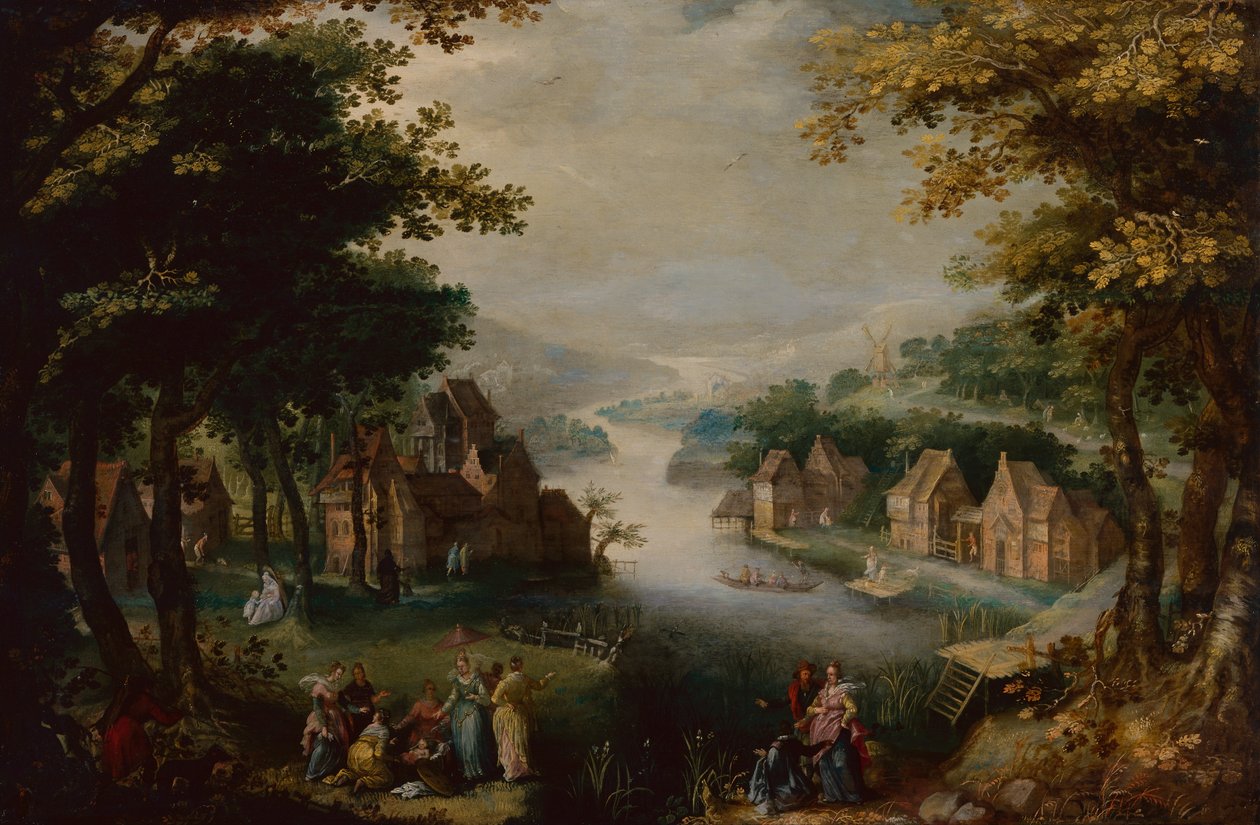 Die Auffindung des Moses mit einem eleganten Paar, Diener und Jäger von Karel van (circle of) Mander