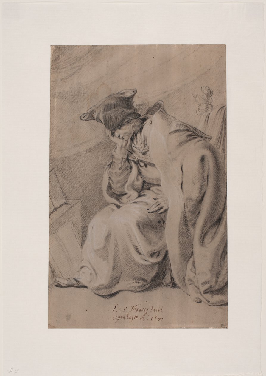 Nachdenklich sitzender junger Mann mit der Hand unter der Wange. Umhang und Pelzmütze von Karel van III Mander