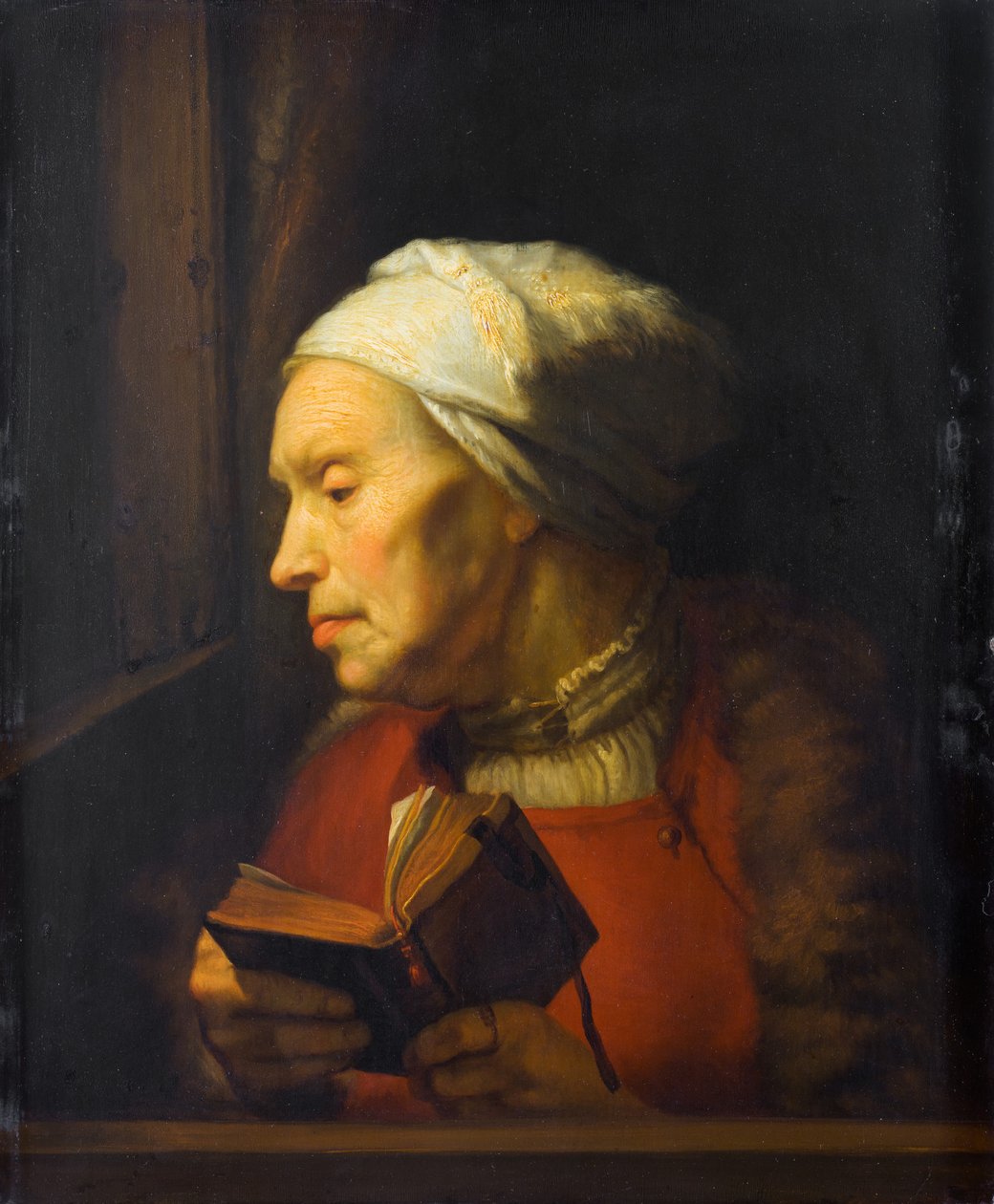 Porträt einer alten Frau, die ein offenes Buch hält von Karel van der Pluym