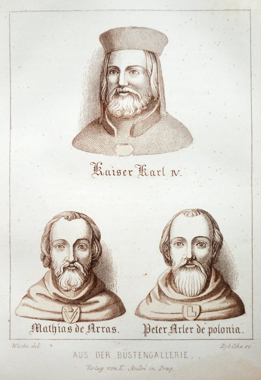Illustration aus dem Buch Der Dom zu Prag von 1858, die Büsten in der Galerie der St.-Veits-Kathedrale zeigt von Karl Wurbs