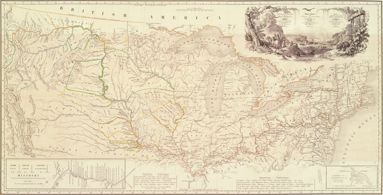 Karte zur Veranschaulichung der Route von Prinz Maximilian von Wied im Inneren Nordamerikas von Boston zum oberen Missouri von Karl Bodmer