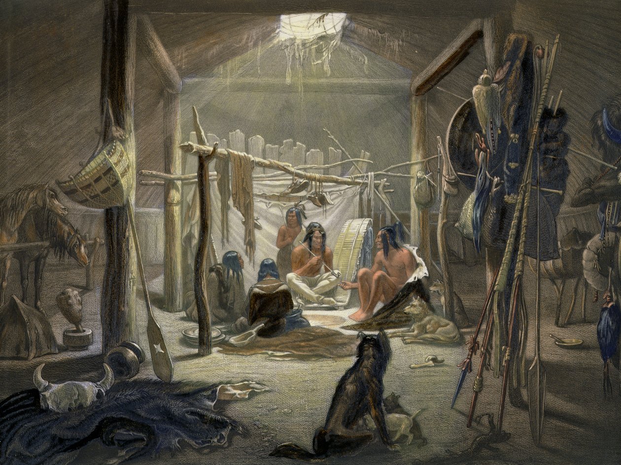 Das Innere einer Hütte eines Mandan-Häuptlings, Tafel 19 aus Band 2 von Reisen im Inneren Nordamerikas, graviert von Narcisse Desmadryl, 1844 (Detail) von Karl Bodmer