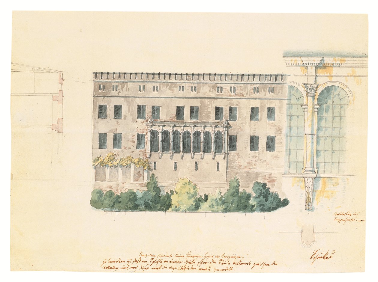 Ein Entwurf für ein neues Treppenhaus an der Nordfassade des Schlosses in Stettin, mit einer Nebenskizze der Loggia, einem Querschnitt der Fassade und einem Pilaster, ca. 1840 von Karl Friedrich Schinkel