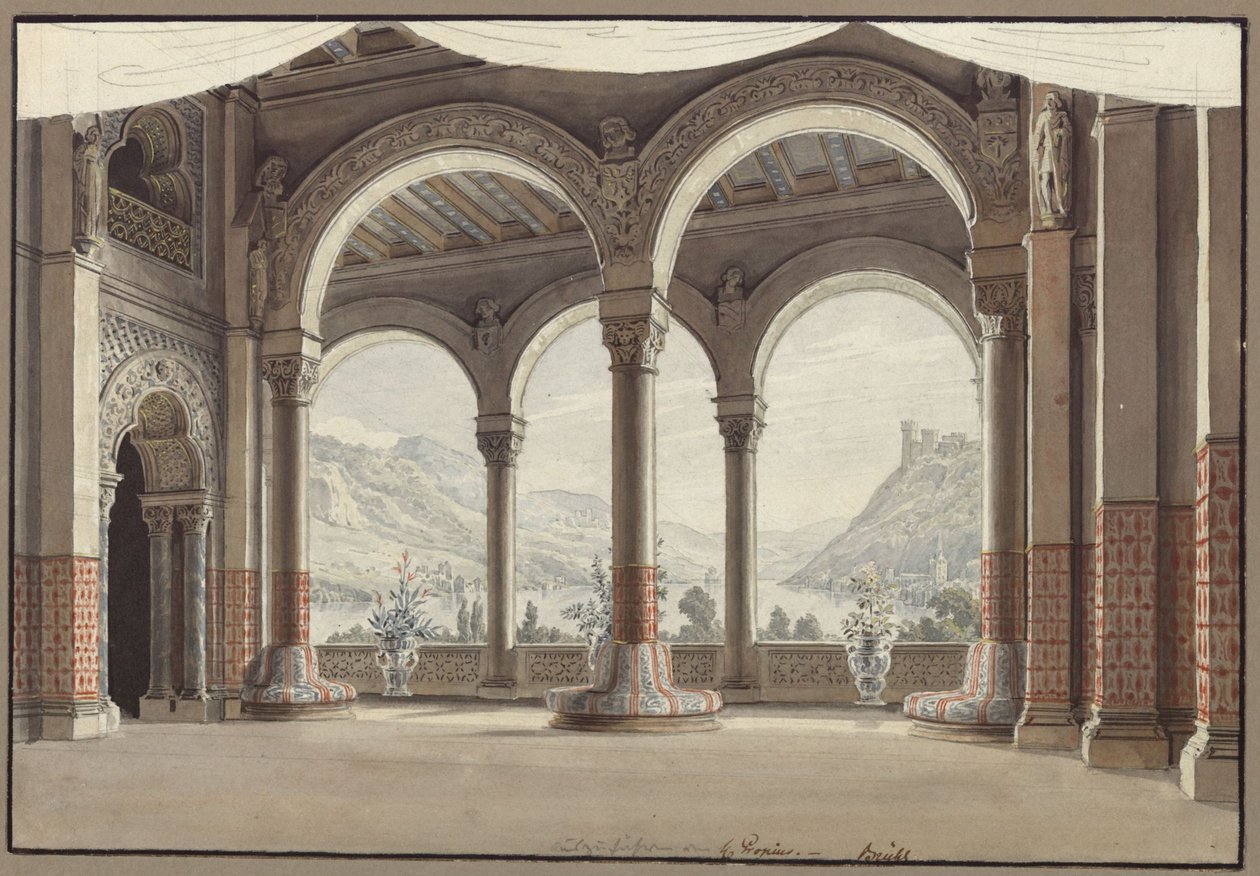 Agnes von Hohenstaufen. Oper von Gaspare Spontini. Entwurf zur 2. Dekoration. Offene Halle von Karl Friedrich Schinkel