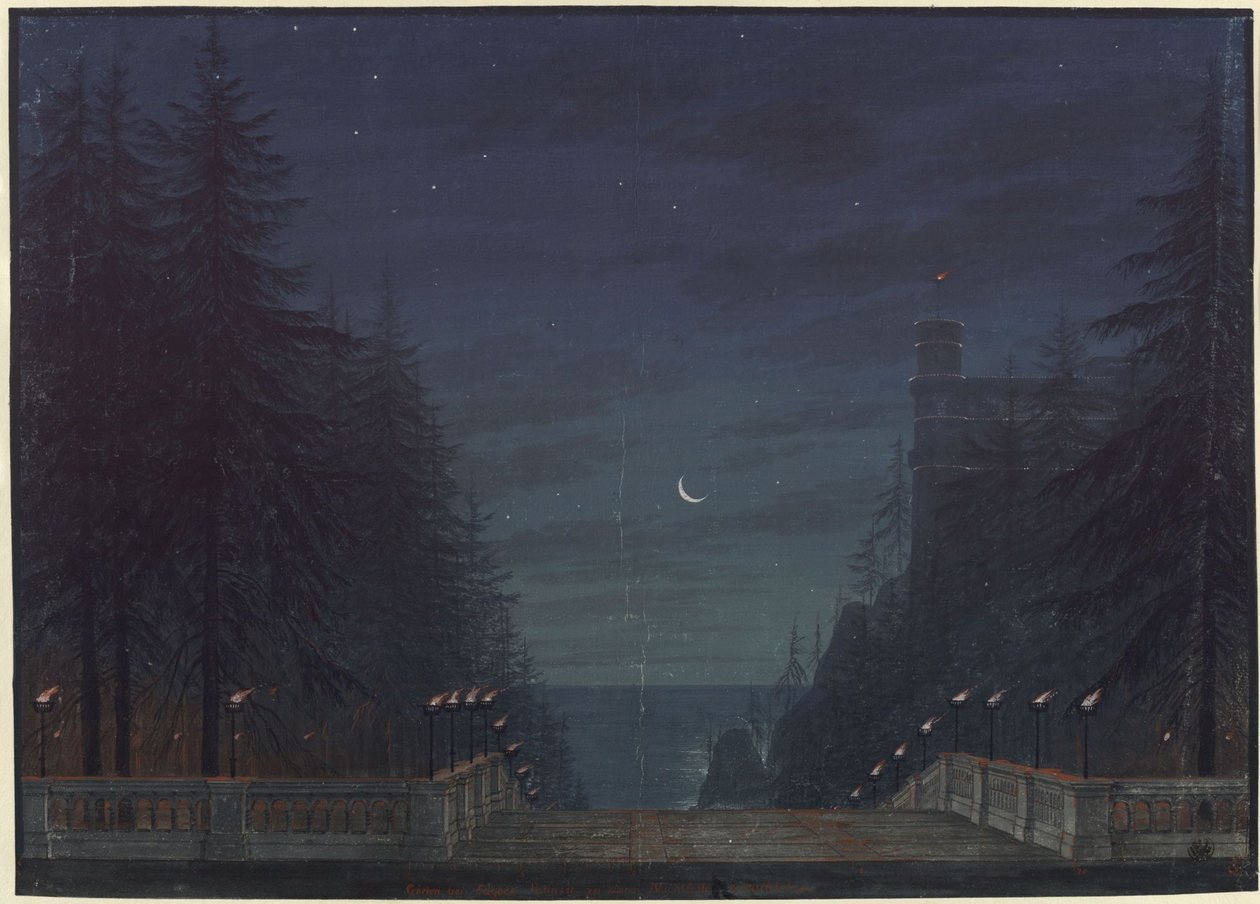 Ariodan. Oper von Etienne Nicolas Méhul. Entwurf zur 2. Dekoration. Garten bei Edgars Palast von Karl Friedrich Schinkel