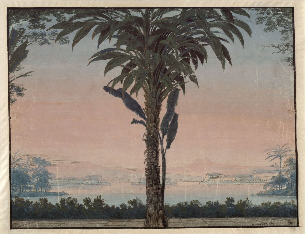 Athalia. Oper von Johann Nepomuk von Poissl. Entwurf zur 4. Dekoration. Garten des Hohepriesters mit großer Palme vor einer Wasserfläche von Karl Friedrich Schinkel