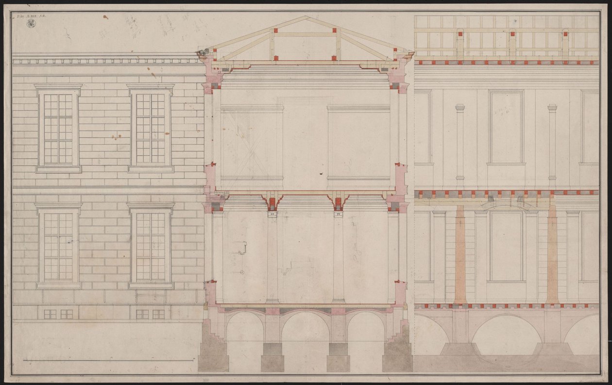 Berlin. Akademiegebäude Unter den Linden. Teilaufriss der Fassade, Teillängsschnittdetail und Querschnitt von Karl Friedrich Schinkel