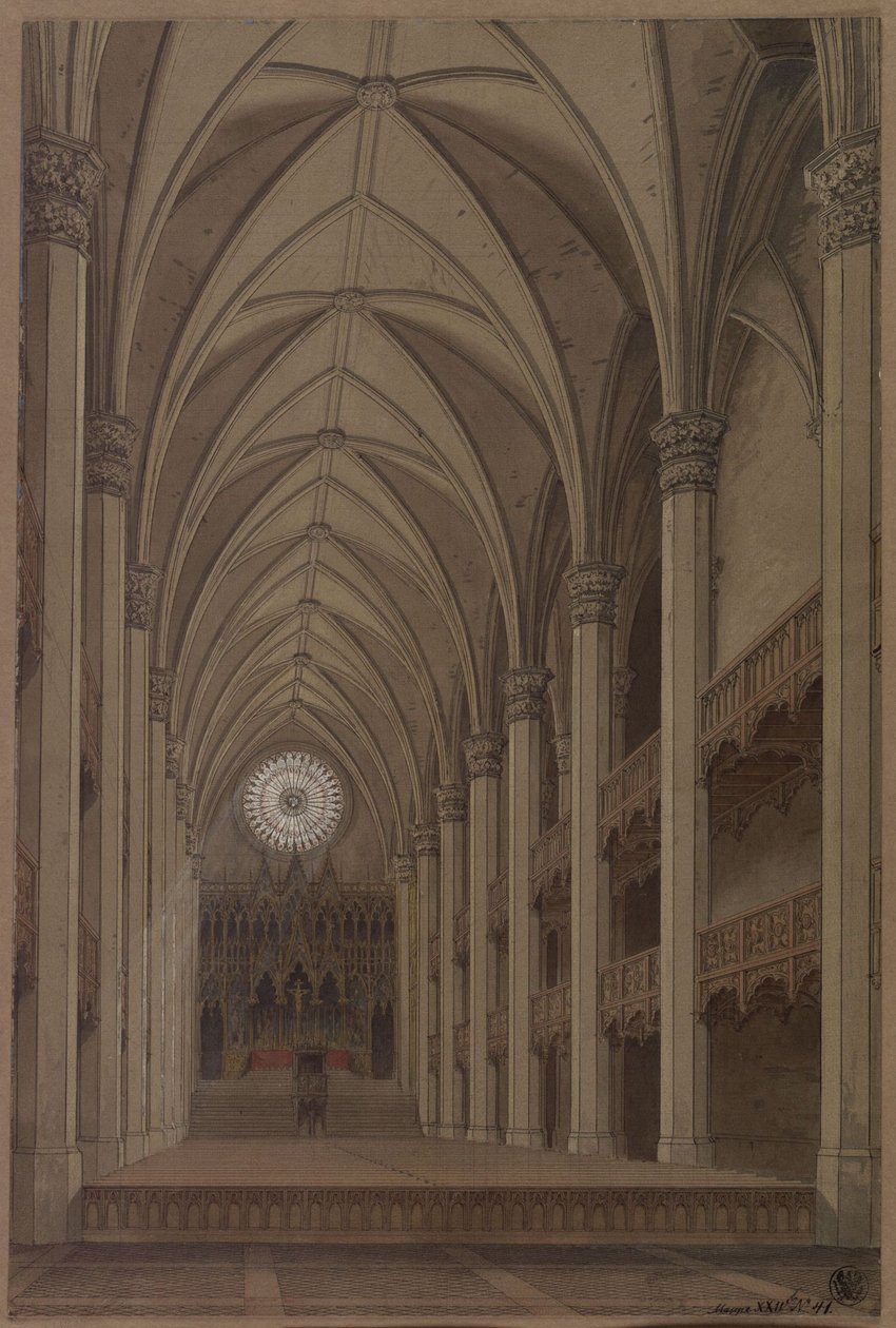 Berlin. Petrikirche. Entwurf zum Wiederaufbau im gotischen Stil. Innenansicht mit Blick zum Altar von Karl Friedrich Schinkel