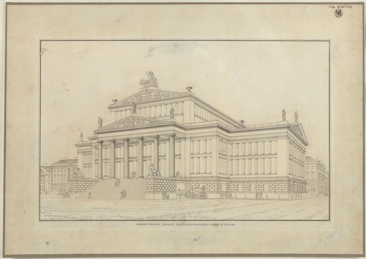 Berlin. Schauspielhaus auf dem Gendarmenmarkt. Perspektivische Ansicht der Vorderseite von Karl Friedrich Schinkel