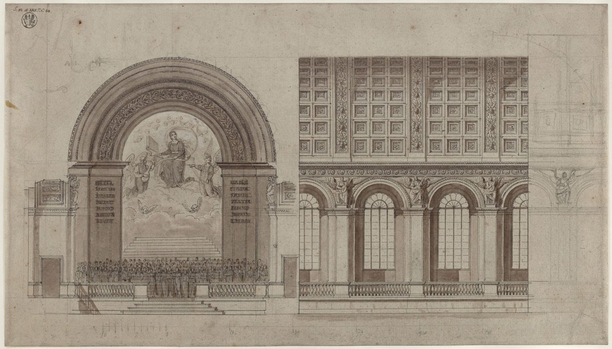 Berlin, Unter den Linden. Entwurf zu einem Saal für die Singakademie im rückwärtigen Flügel der Akademie der Künste. Querschnitt und Längsschnitt von Karl Friedrich Schinkel