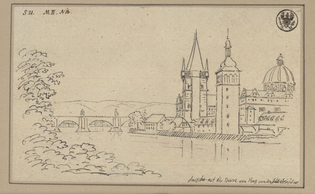 Blick auf die Karlsbrücke in Prag mit dem Altstädter Brückenturm und der Kuppel der Kreuzherrenkirche von Karl Friedrich Schinkel