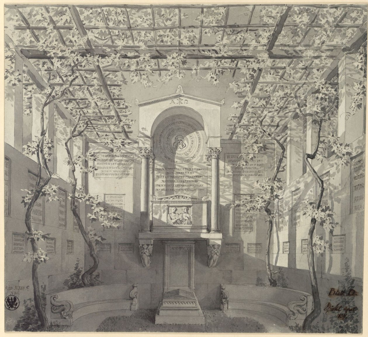 Bonn. Entwurf zum Grabdenkmal für Barthold Georg Niebuhr, mit Pergola von Karl Friedrich Schinkel