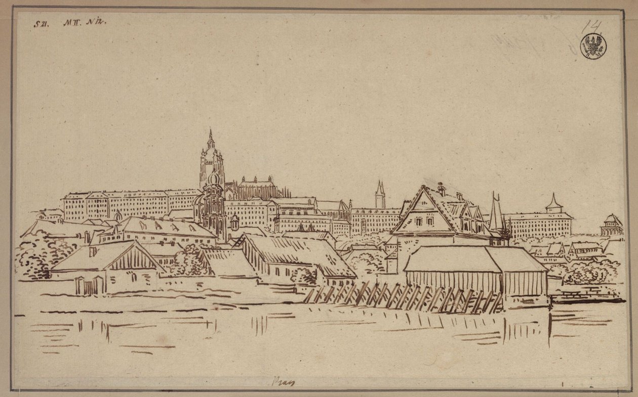 Der Hradschin in Prag, im Vordergrund Bauten auf der Kleinseite von Karl Friedrich Schinkel