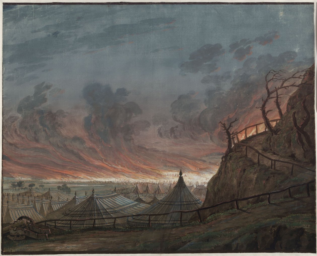 Die Jungfrau von Orleans. Trauerspiel von Friedrich Schiller. Entwurf zur 4. Dekoration. Das brennende Lager der Engländer von Karl Friedrich Schinkel
