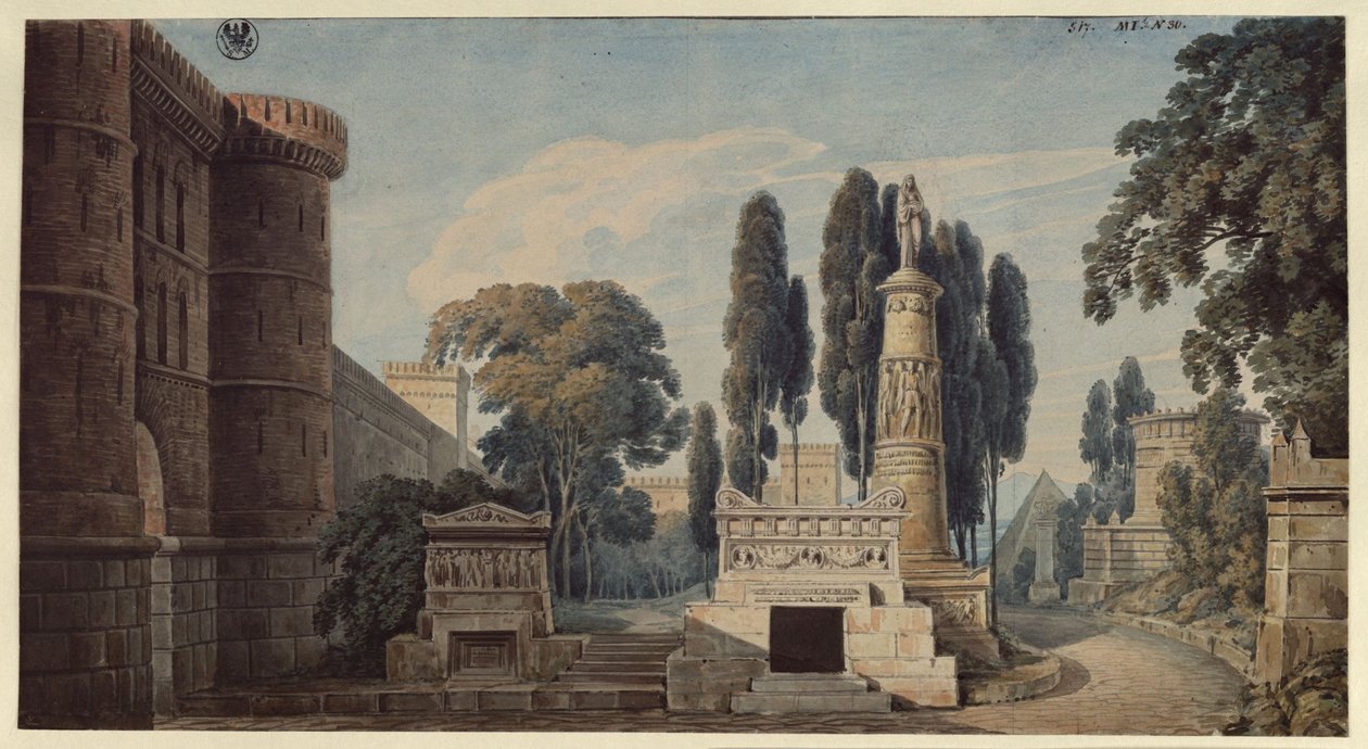 Die Vestalin. Oper von Gaspare Spontini. Entwurf zur 3. Dekoration. Ansicht einer antiken römischen Gräberstraße von Karl Friedrich Schinkel