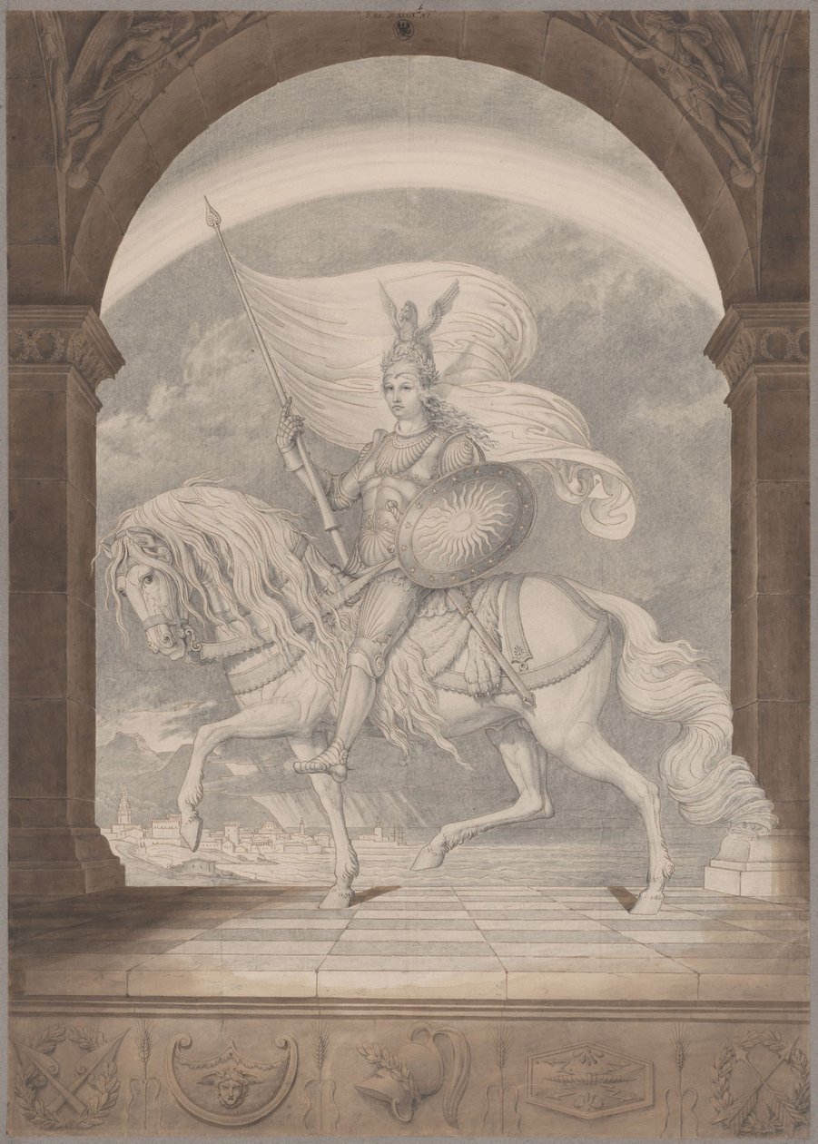 Ein Reiter in voller Rüstung zu Pferde / Der Genius Preußens als Ritter von Karl Friedrich Schinkel