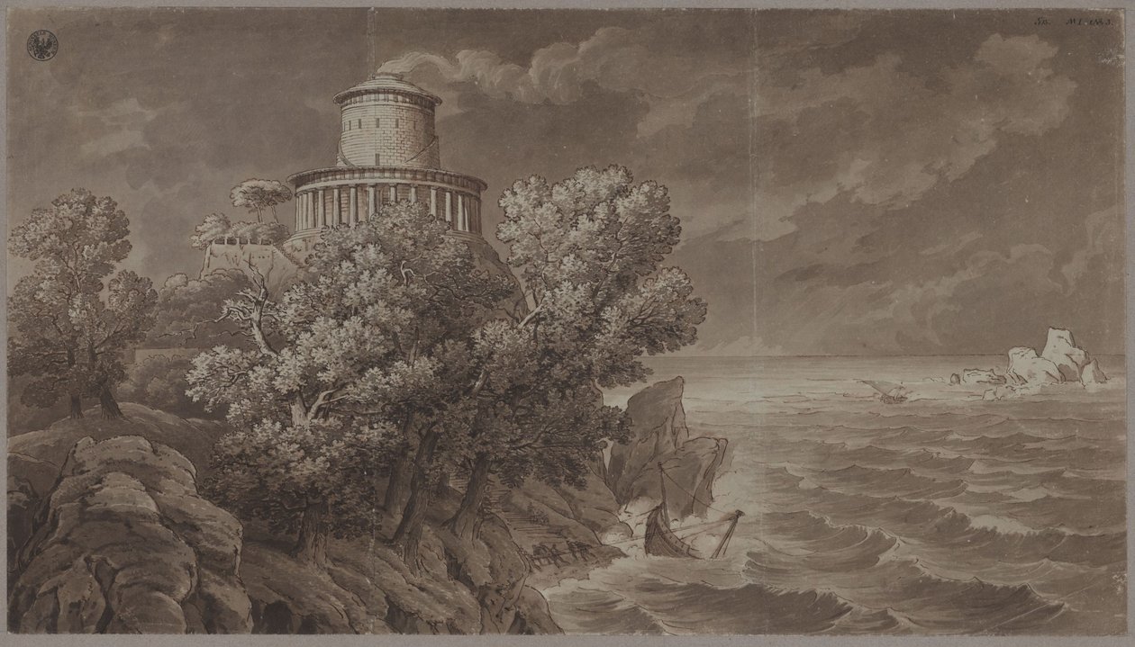 Felsige Meeresküste mit einem antikisierenden Leuchtturm, bei bewegter See von Karl Friedrich Schinkel