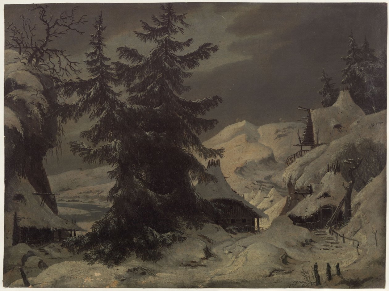 Graf Benjowski oder die Verschwörung auf Kamtschatka. Schauspiel von August von Kotzebue. Entwurf zur 2. Dekoration. Dorf mit Schneelandschaft von Karl Friedrich Schinkel