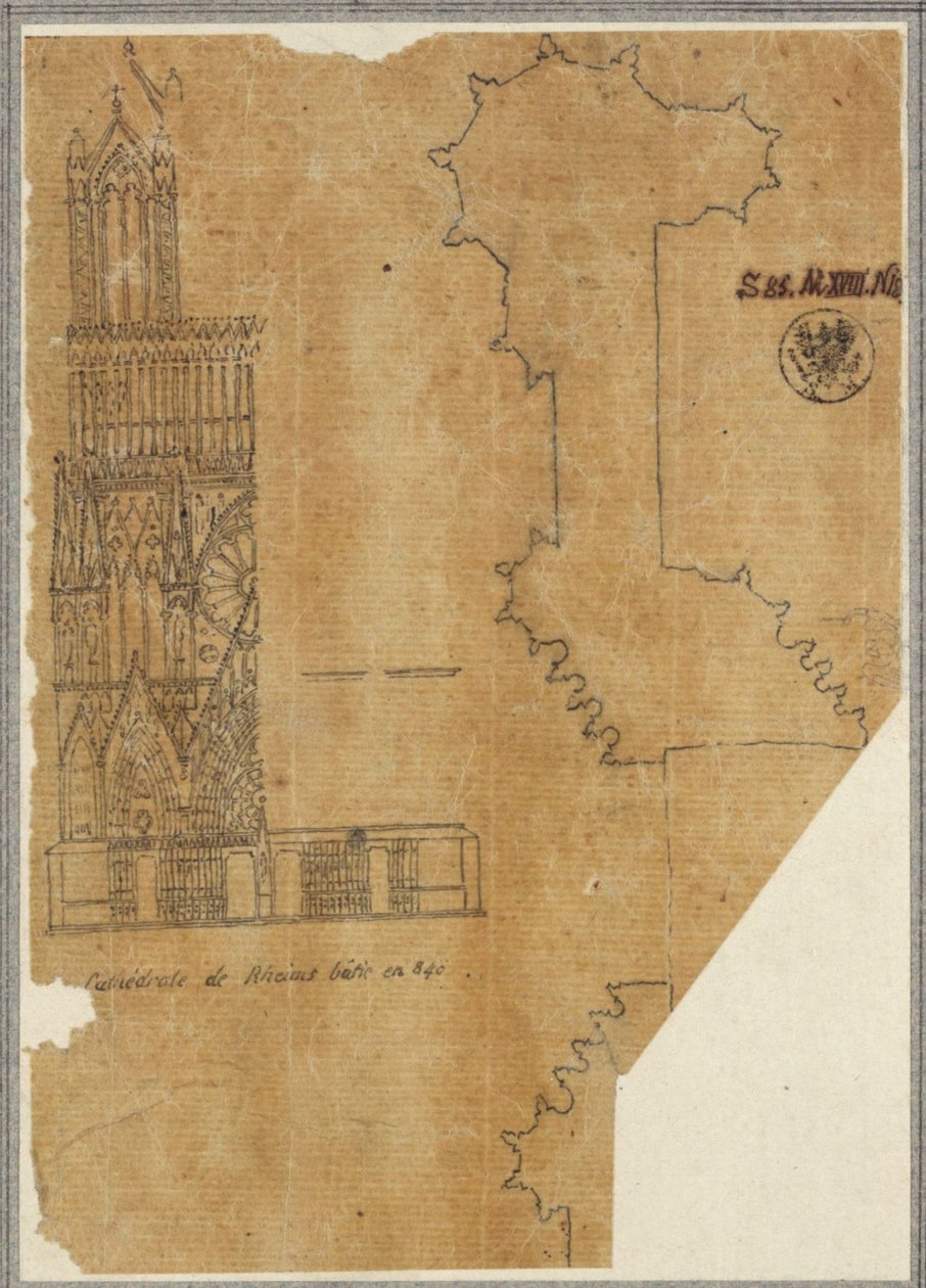 Kathedrale von Reims. Teilansicht der Westfassade und Grundriss von Karl Friedrich Schinkel