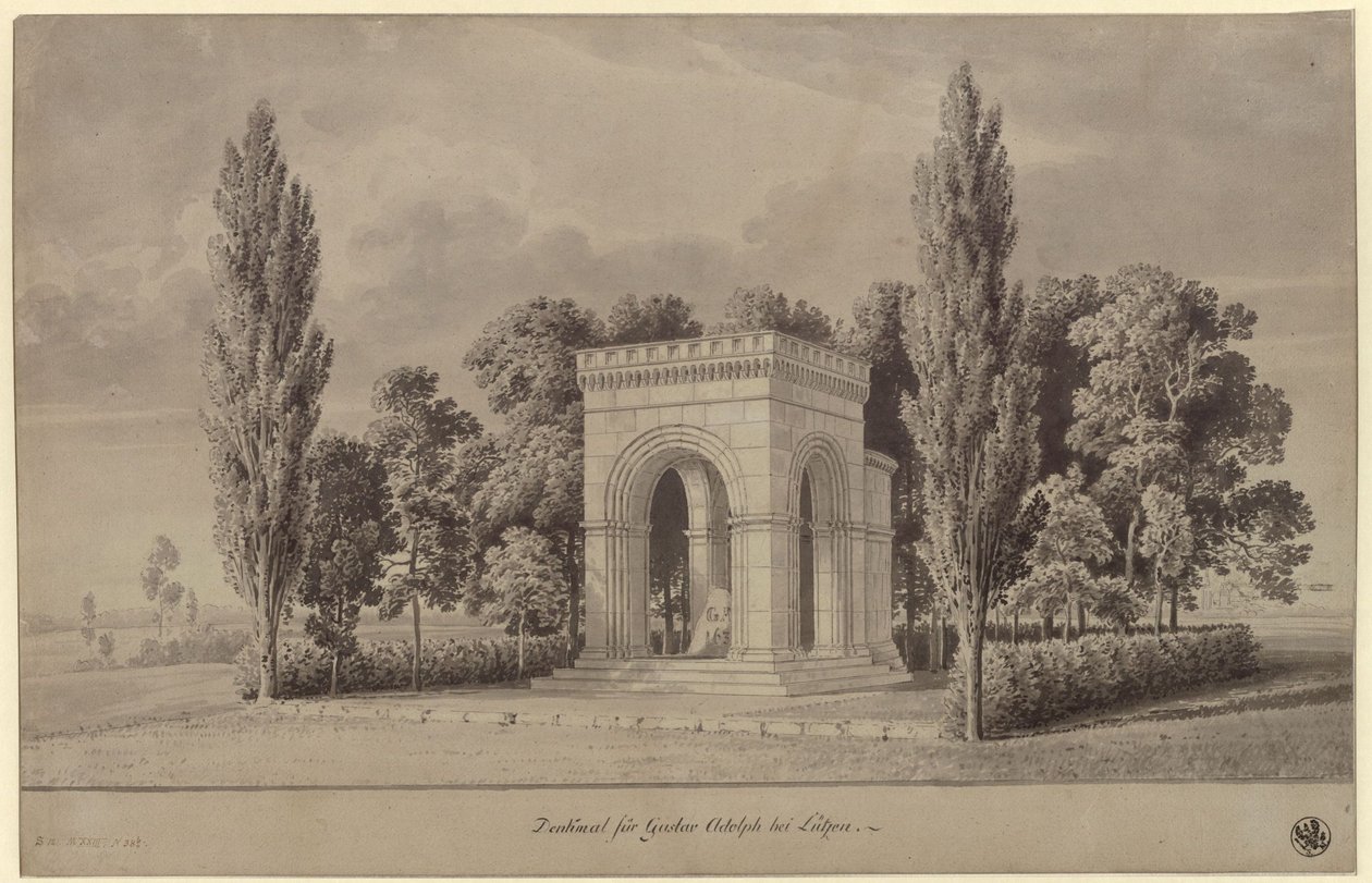 Lützen. Entwurf zu einem Denkmal für König Gustav II. Adolf von Schweden in Form einer romanischen Halle über dem Schwedenstein mit angefügter Apsis. Ansicht von Karl Friedrich Schinkel