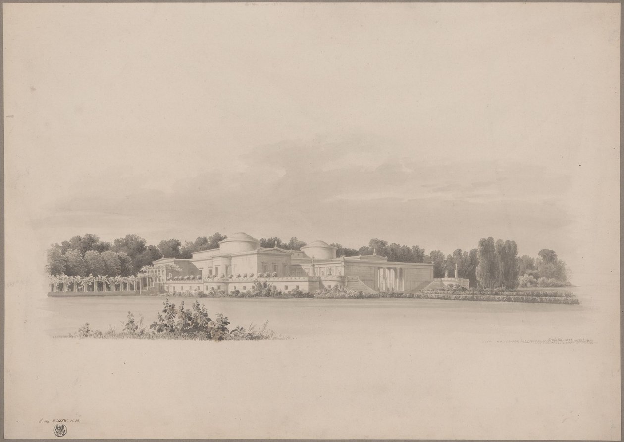 Potsdam-Sanssouci. Antikes Landhaus bei Schloss Charlottenhof. Perspektivische Ansicht von Nordosten von Karl Friedrich Schinkel