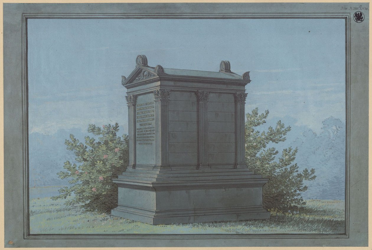 Sarkophag in Tempelform / Belchau, ehemals Kreis Graudenz, Regierungsbezirk Marienwerder. Entwurf zum Grabdenkmal Klinggräf in Form eines kleinen Tempels mit korinthischen Pilastern von Karl Friedrich Schinkel