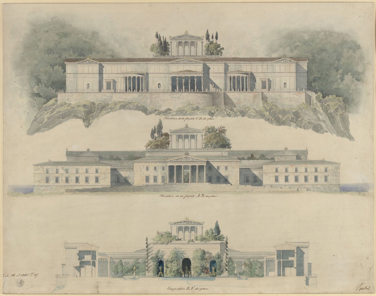 Schloss Orianda auf der Krim. Antikischer Entwurf. Aufriss der Meeres- und der Landseite, Schnitt durch den kaiserlichen Hof mit dem Museum der Krim und dem bekrönenden Tempel von Karl Friedrich Schinkel