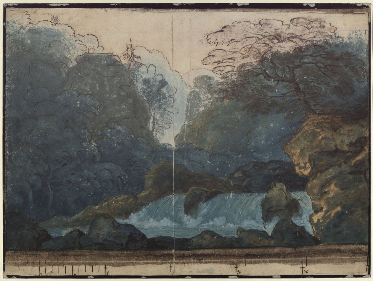 Undine. Oper von E. T. A. Hoffmann. Entwurf der 2. Dekoration. Wald mit Wasserfall von Karl Friedrich Schinkel