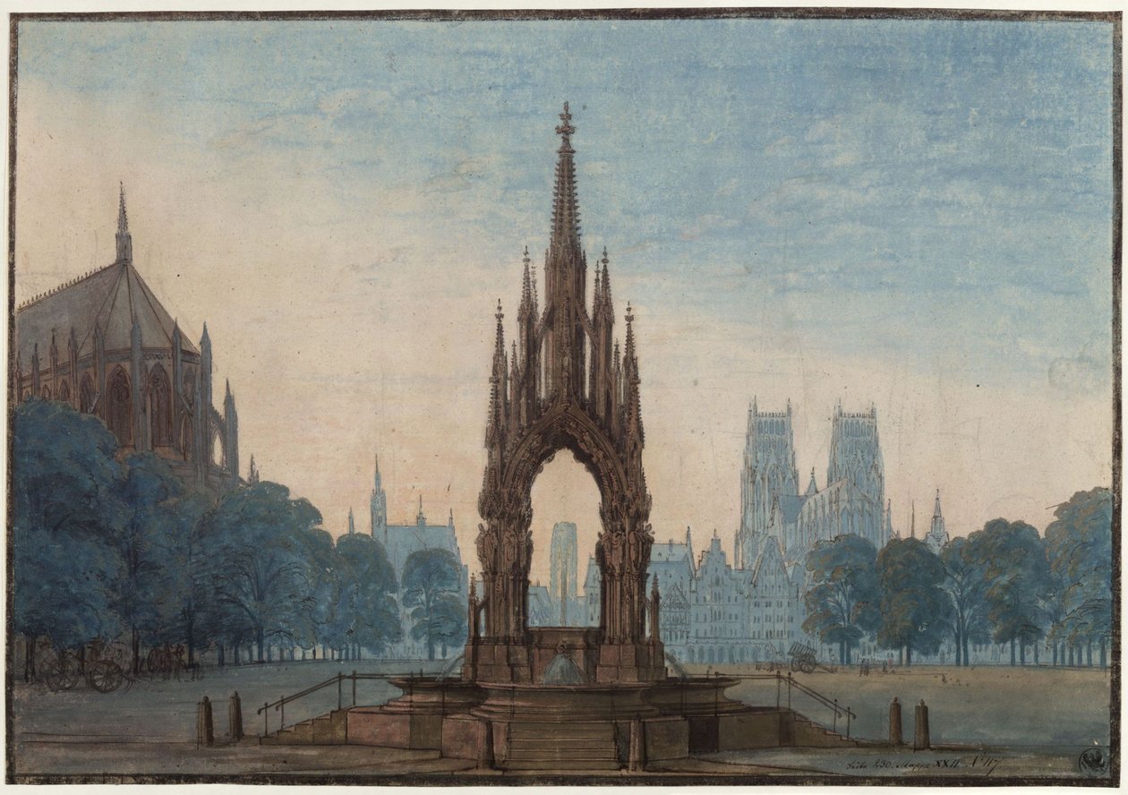Undine. Oper von E. T. A. Hoffmann. Entwurf der 3. Dekoration. Marktplatz mit Brunnen von Karl Friedrich Schinkel