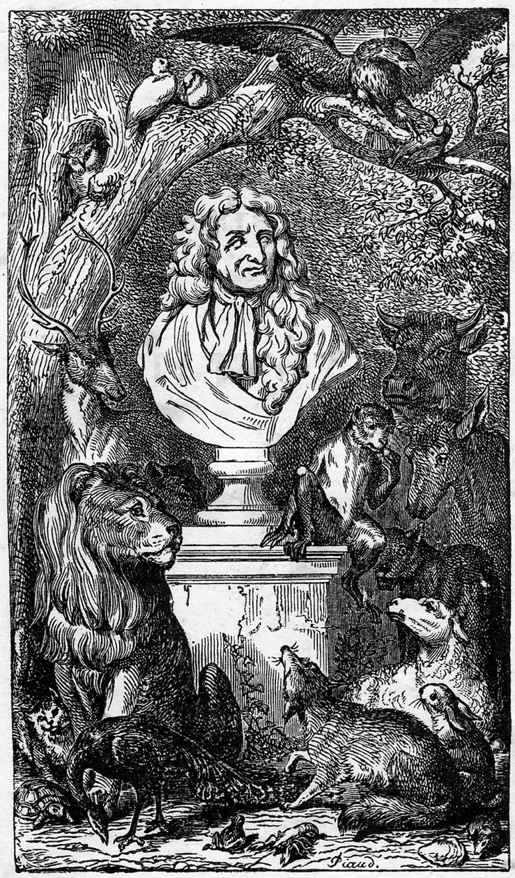 Allegorische Büste von Jean de La Fontaine, umgeben von Tieren; Frontispiz eines Buches der Fabeln von La Fontaine von Karl Girardet