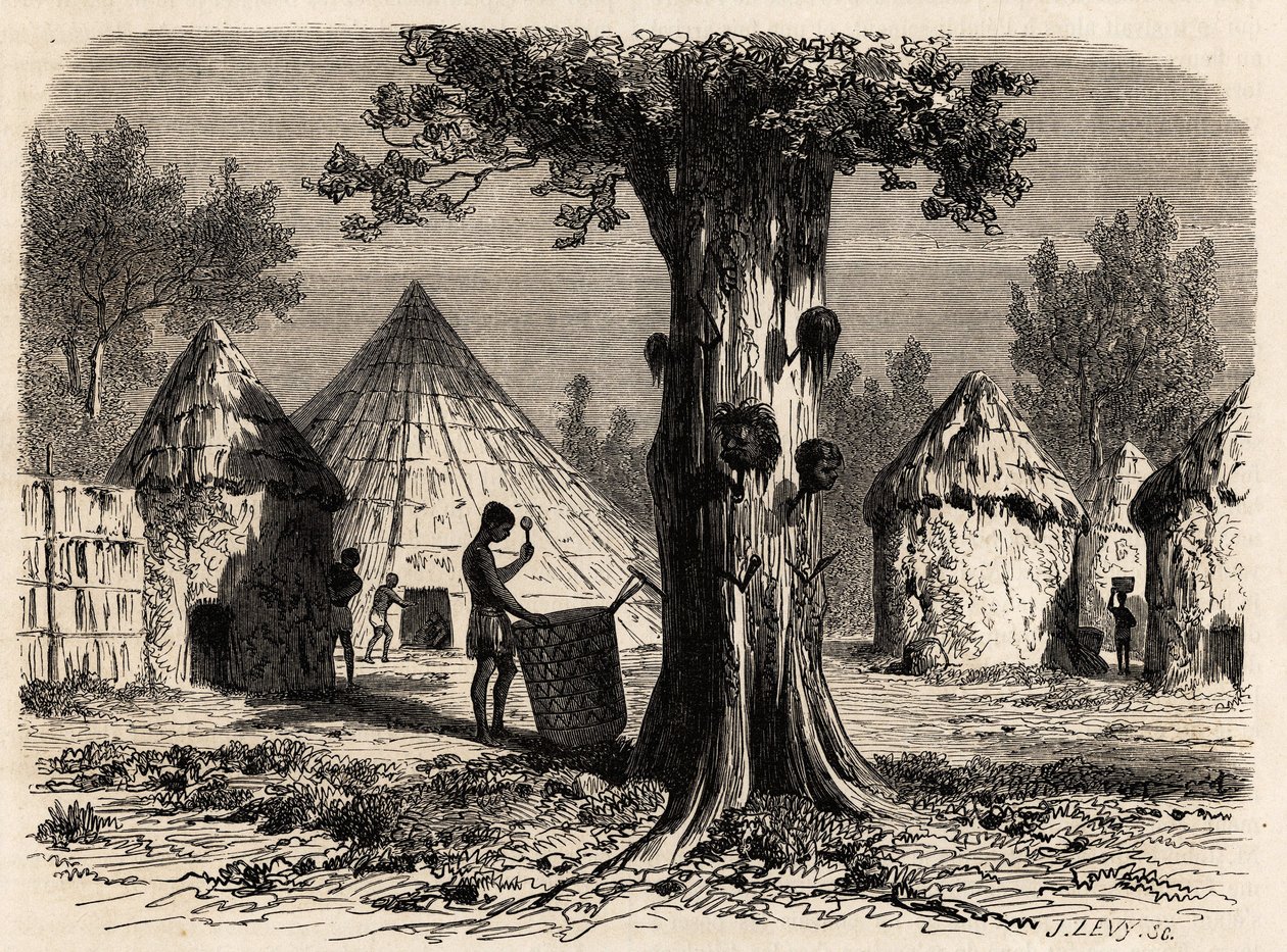 Der Baum des Krieges, in einem Dorf Djour, Region Bahr-el-Gazal, Sudan, Zeichnung von Karl Girardet (1813-1871) zur Illustration der Reise zum Fluss der Gazellen von A. Bolognesi, in 1856-1857. Gravur in „Le tour du monde“, herausgegeben von Edouard Charto von Karl Girardet