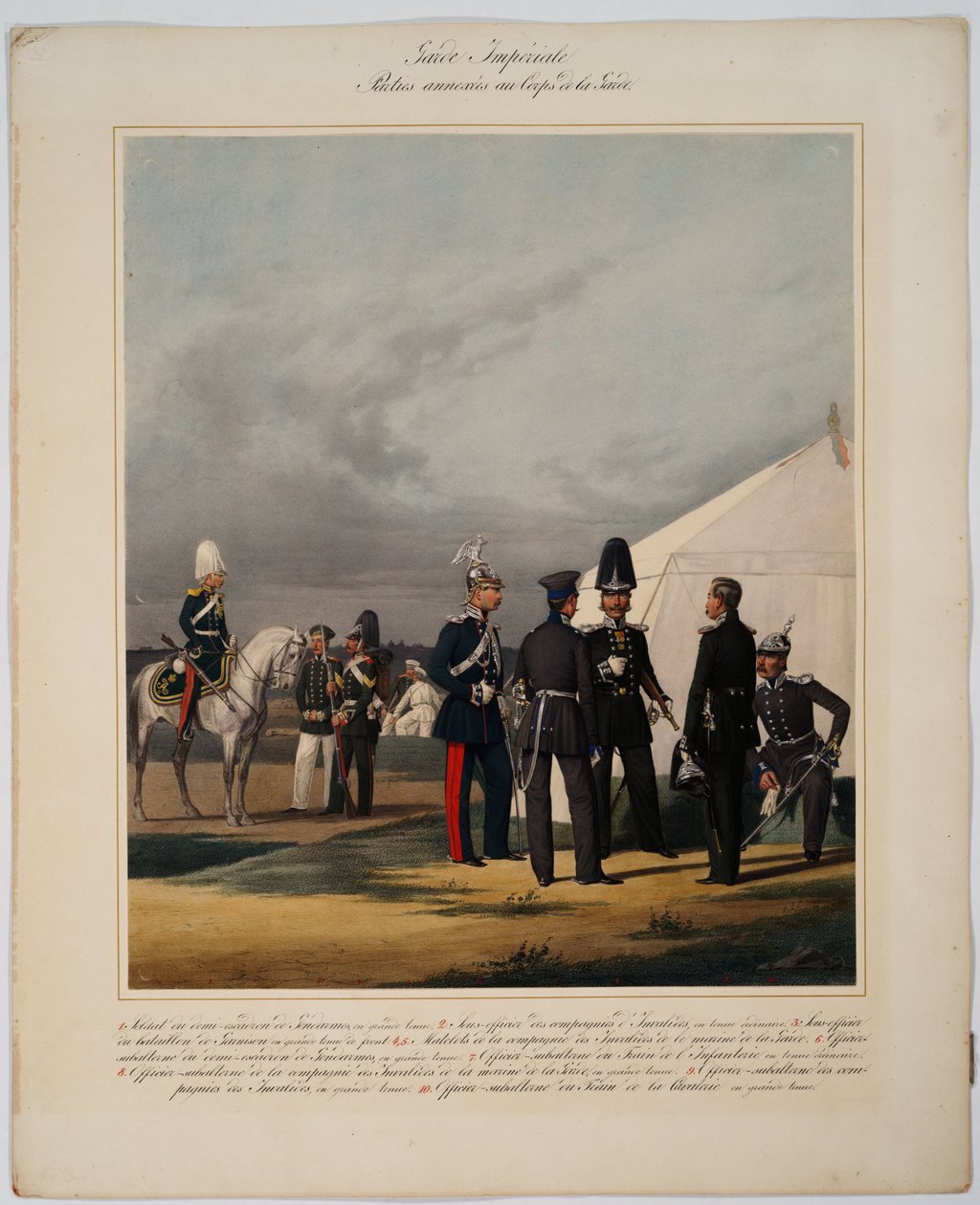 Kaiserliche Garde: Pioniere (Sappeure), Invaliden und Gendarmen - Pioniere des Kaiserlichen Gardekorps - Piratsky, Karl Karlovich (1813-1889) - 1867 - Farblithographie - 56x45 - Private Sammlung von Karl Karlovich Piratsky