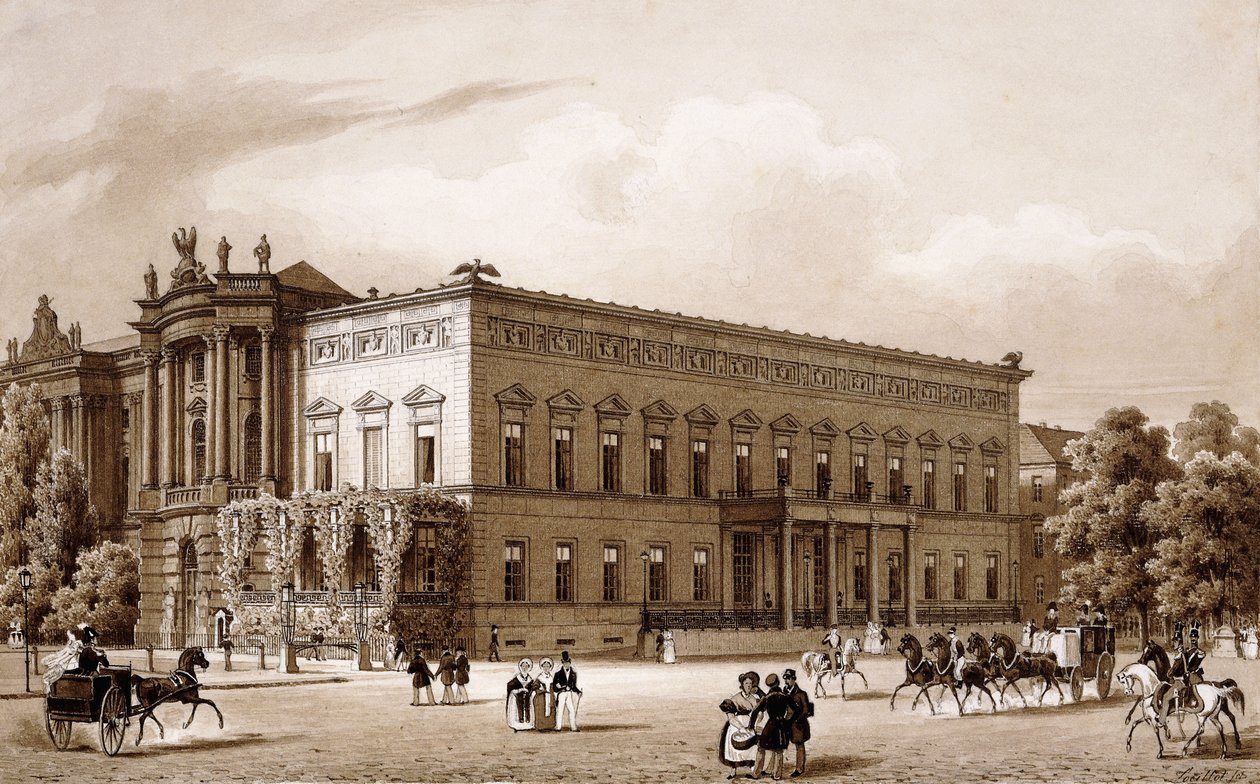 Unter den Linden, Berlin. Der Palast von Prinz Wilhelm, erbaut von Karl Langhans 1834-36, und die Königliche Bibliothek, erbaut von Georg Christian Unger 1775-78 nach Plänen von Josef Emanuel Fischer von Erlach, mit Blick auf den Platz am Opernhaus von Karl Loeillot Hartwig